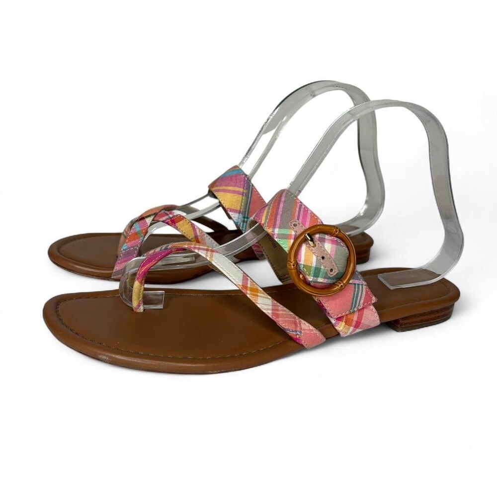 vintage Y2K 2000s retro leather Pink plaid strappy sandals 9 with faux wooden